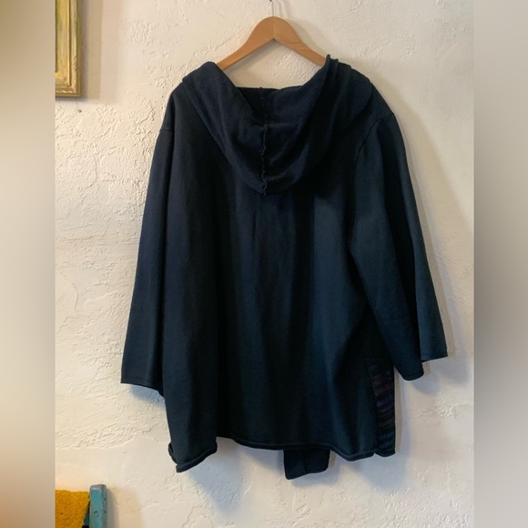 VTG BLUE FISH COAT TOPPER 2 COTTON KNIT HANDPAINTED BUTTON HOODED LAGENLOOK USA - Picture 2 of 10